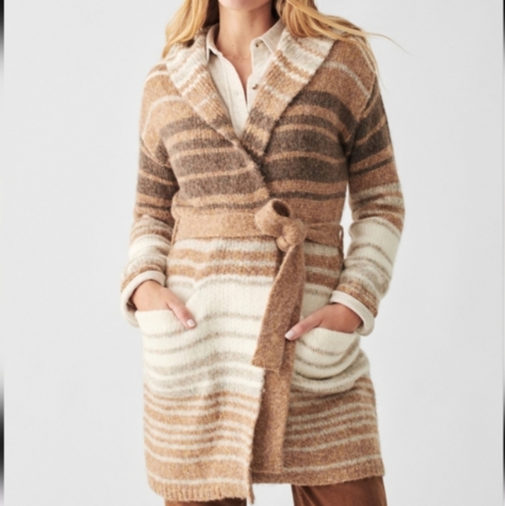 Faherty Long Line Hooded Cardigan Sweater in Cream & Brown Colorway Size M - Picture 11 of 11
